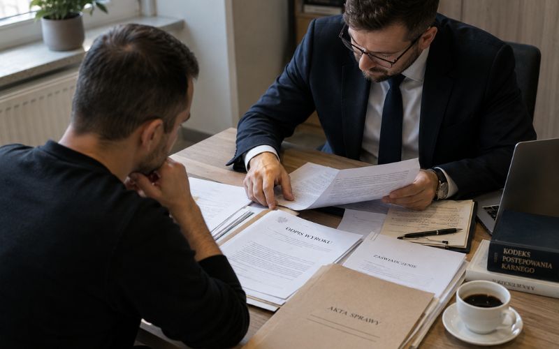 adwokat analizujący z klientem odpis wyroku i akta sprawy do wniosku o odszkodowanie