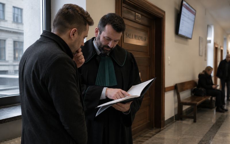 obrońca w todze omawiający akta z oskarżonym przed salą rozpraw