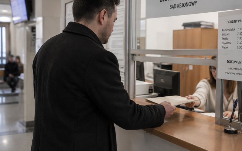 mężczyzna składający wniosek o adwokata z urzędu w biurze podawczym sądu